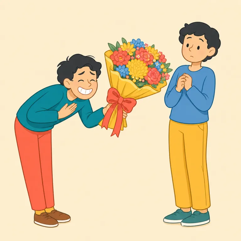 ingratiatingly（へつらって・副詞）の覚え方イラスト — ingratiate oneself with someone は「人に取り入る」という定型表現です