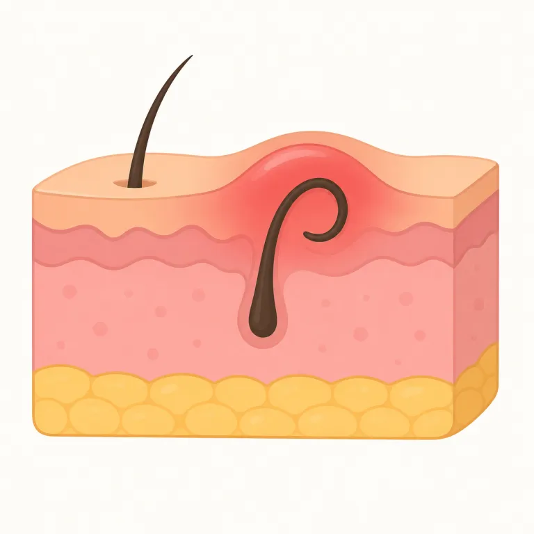 ingrown（埋没した・形容詞）の覚え方イラスト — grow/grown「伸びる」を知っていれば、ingrown は in「内側に」+ grown と見て「内側へ伸びてしまった」と捉えると覚えやすいです