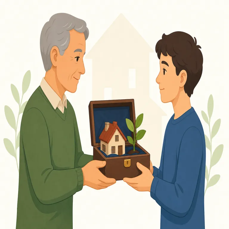 inherit（受け継ぐ、相続する・動詞）の覚え方イラスト — inherit は heir（相続人）, heritage（受け継がれた文化）, hereditary（遺伝の）と同じ語群で覚えると定着しやすい語です