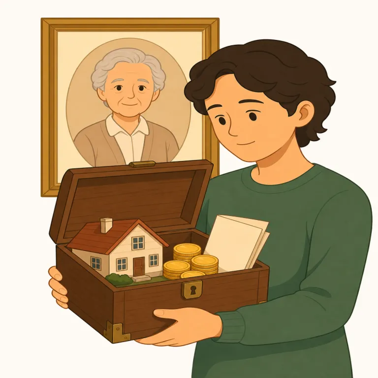 inheritance（遺産、相続・名詞）の覚え方イラスト — まず動詞 inherit「受け継ぐ」を先に押さえると、inheritance はその名詞形だと見抜きやすいです