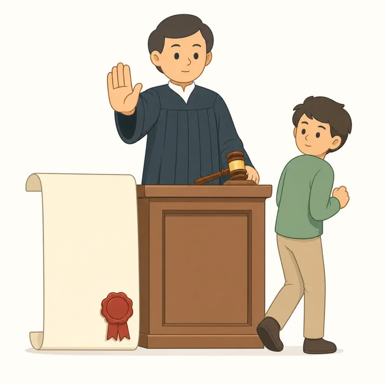 injunctive（差し止め命令の・形容詞）の覚え方イラスト — このエントリでは injunctive を法律文脈の形容詞として覚えます