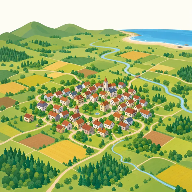 inland（内陸の・形容詞）の覚え方イラスト — inland は in + land で「陸の中へ」と切ると覚えやすい語です