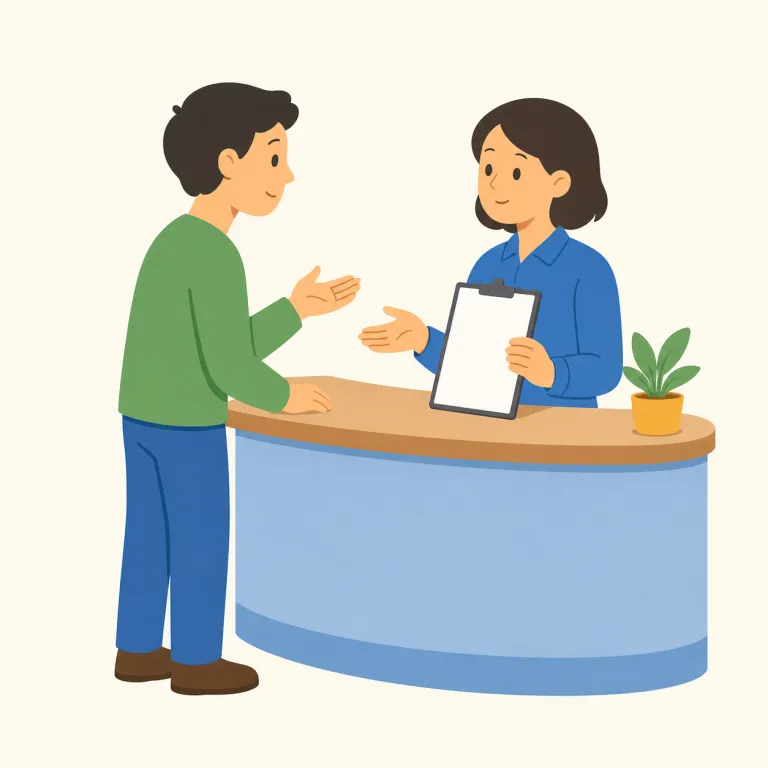 inquire of（〜に問い合わせる・句動詞）の覚え方イラスト — inquire は ask より硬く、窓口・専門家・担当者に正式に尋ねる場面で覚えると残りやすい語です