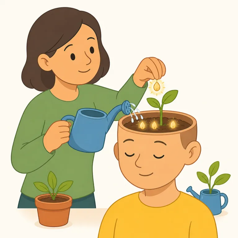 instill（植え付ける・動詞）の覚え方イラスト — instill は「一回で教える」ではなく、confidence, discipline, values, fear のような抽象的なものを、時間をかけて人の内側に根づかせる動詞と…