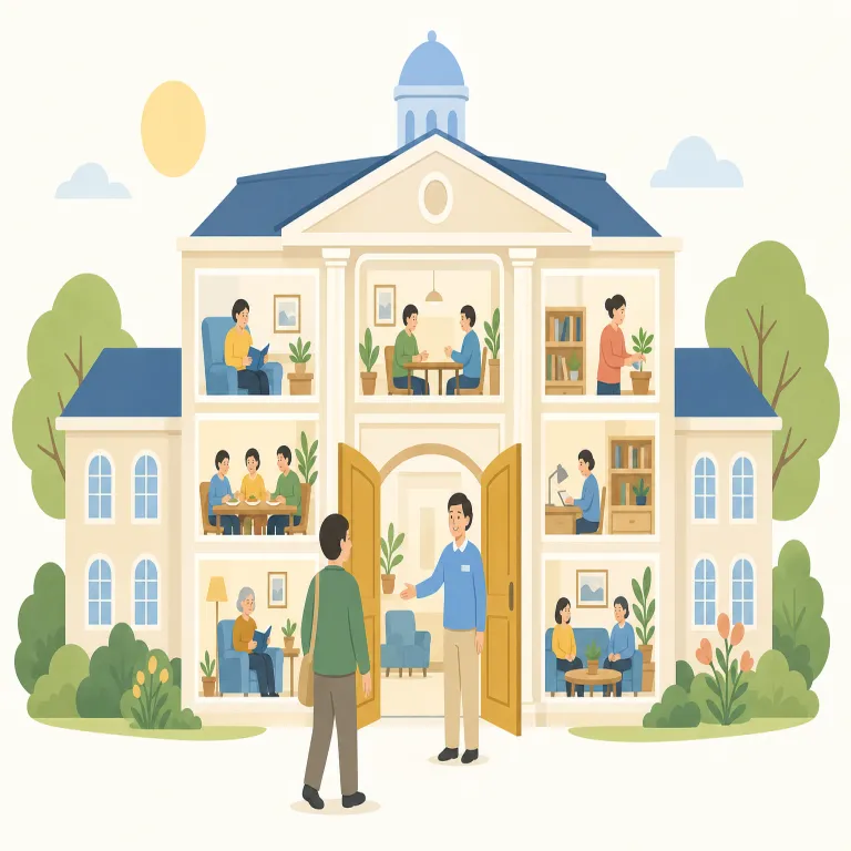 institutionalization（制度化・施設収容・名詞）の覚え方イラスト — 長い語ですが、institution → institutional → institutionalization と後ろへ足して見ると覚えやすいです