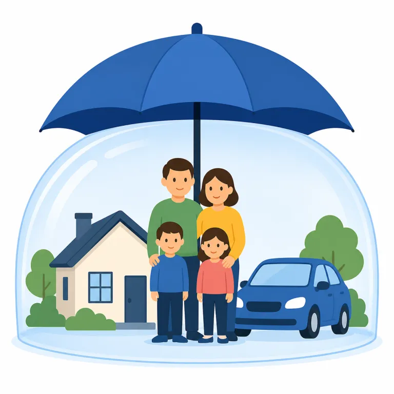 insurance（保険・名詞）の覚え方イラスト — insurance は動詞 insure（保険をかける）に名詞語尾 -ance が付いた形なので、まず「insureするもの・仕組み」と捉えると覚えやすいです