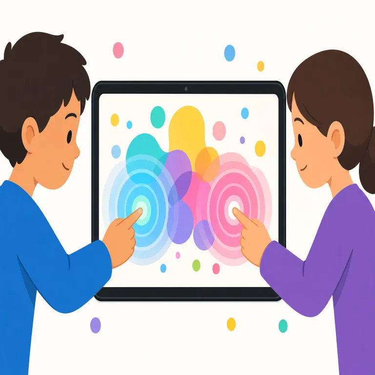 interactive（双方向の、対話式の・形容詞）の覚え方イラスト — inter- は「間で・相互に」、act は「行動する」