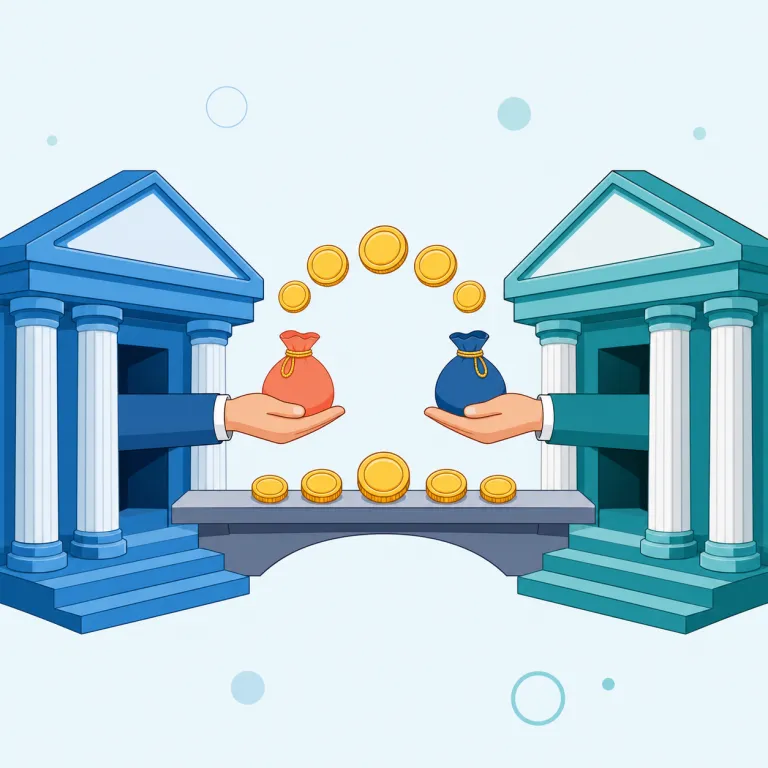 interbank（銀行間・形容詞）の覚え方イラスト — inter- は「〜の間」を表す頻出パターンで、international（国家間の）、interactive（相互に作用する）を思い出すとつかみやすいです