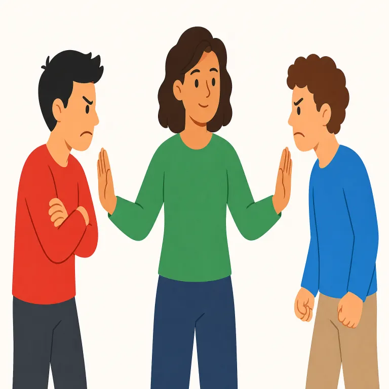 intercede（取り成す・動詞）の覚え方イラスト — inter- は international などと同じ「間に」のイメージで、-cede は proceed の cede と同じ「進む」に関係します