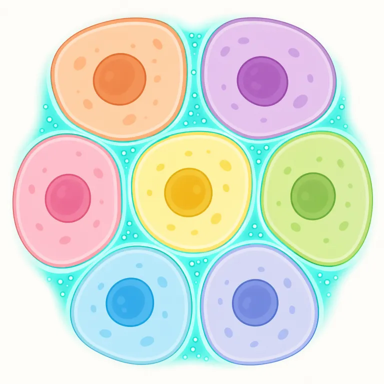 intercellular（細胞間・形容詞）の覚え方イラスト — inter- は international や interact と同じく「ものとものの間・相互」の感覚で押さえると覚えやすいです
