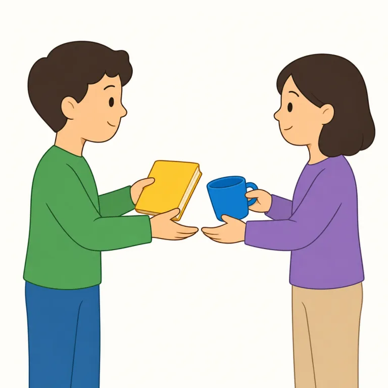 interchanging（交換する・動詞）の覚え方イラスト — inter- は「〜の間で・相互に」、change は基本語の「変える」