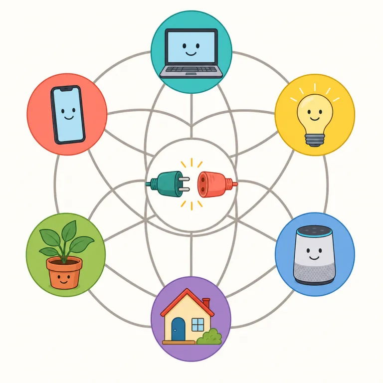 interconnect（相互に接続する、結び付ける・動詞）の覚え方イラスト — まず connect が「つなぐ」と分かれば、inter- が付くと「互いに」「相互に」の感覚が加わるので、interconnect は“一方向に線をつな…