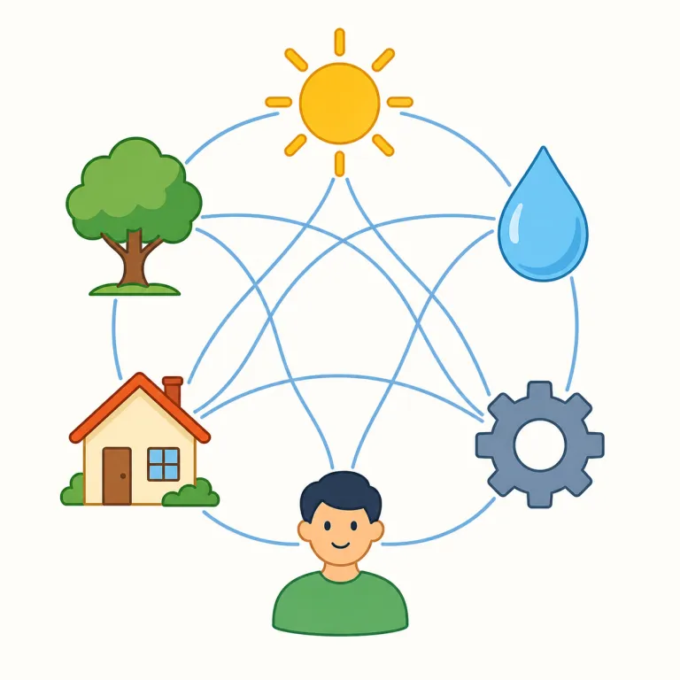 interconnectedness（相互関連性・名詞）の覚え方イラスト — inter- は「互いに」、connect は「つなぐ」、-ness は「状態・性質」を作る接尾辞です