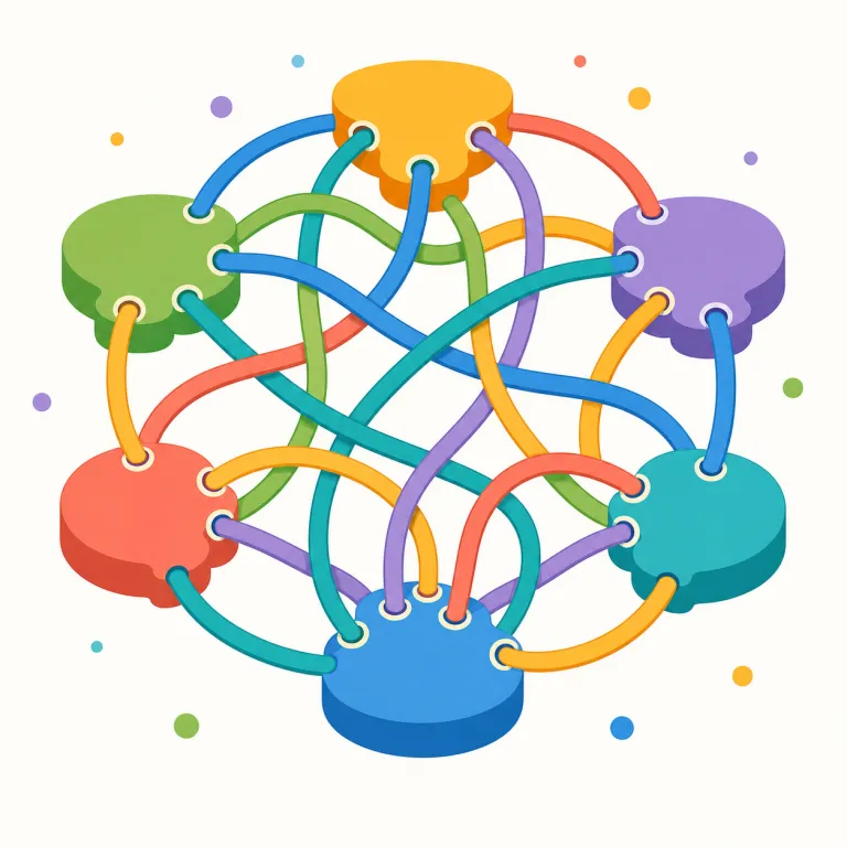 interconnecting（相互につながった、連結された・形容詞）の覚え方イラスト — まず connect「つなぐ」が見えれば中心は取れます