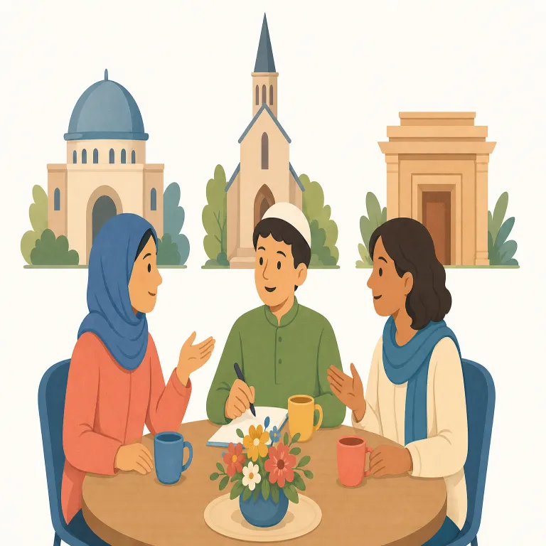 interfaith（宗教間・形容詞）の覚え方イラスト — inter- は international, interact などで見慣れた「間の・相互の」
