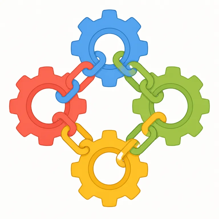 interlinked（連動した・形容詞）の覚え方イラスト — interlinked は、まず link「つなぐ」を土台にすると覚えやすい語です