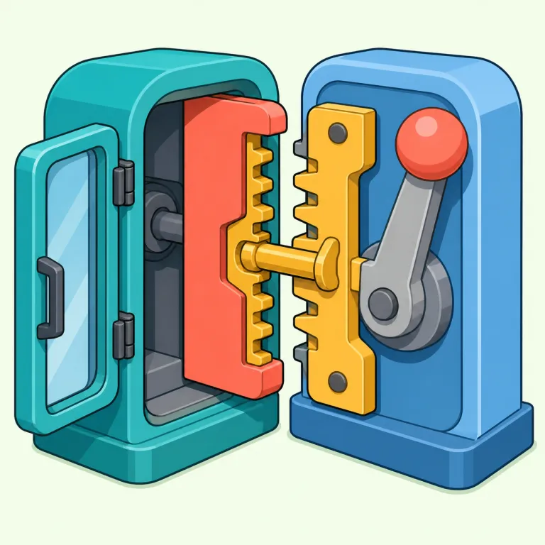 interlock（かみ合う・動詞）の覚え方イラスト — lock を「鍵」よりも「動きを止める固定」と捉えると、interlock の感覚がつかみやすくなります