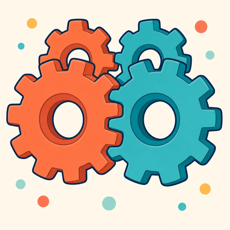 interlocks（かみ合う・動詞）の覚え方イラスト — interlocks は inter「互いに」＋lock「固定する」から、歯車や指、部品などが互いに入り組んで固定される「かみ合う」を表します