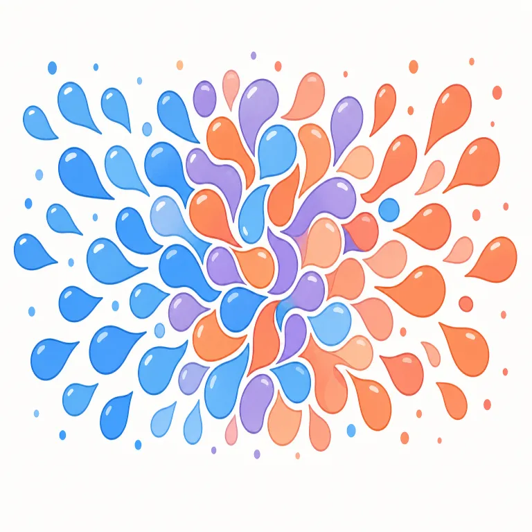 intermingle（混ざり合う・動詞）の覚え方イラスト — mingle を知っていれば、「人や物がゆるく混ざる」感覚に inter- が加わって、「互いのあいだに入り込みながら混ざる」と捉えやすい