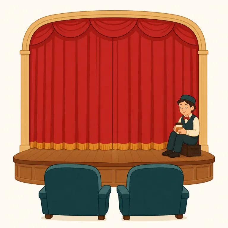 intermission（休憩・名詞）の覚え方イラスト — intermission は inter-「間に」を手がかりに、本編の第一部と第二部の間に置かれる時間を思い浮かべると覚えやすい語です