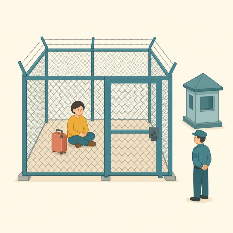 internment（拘留・名詞）の覚え方イラスト — internment は internal（内部の）とつなげると、「人を外に出さず内側に留めること」と考えやすい語です