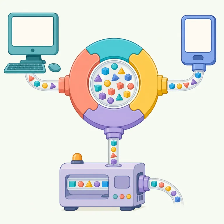 interoperability（相互運用性・名詞）の覚え方イラスト — inter を見たら「相互に」、operate は「動かす・運用する」、-ability は「できる性質」と切ると、長い語でも意味の骨組みが見える
