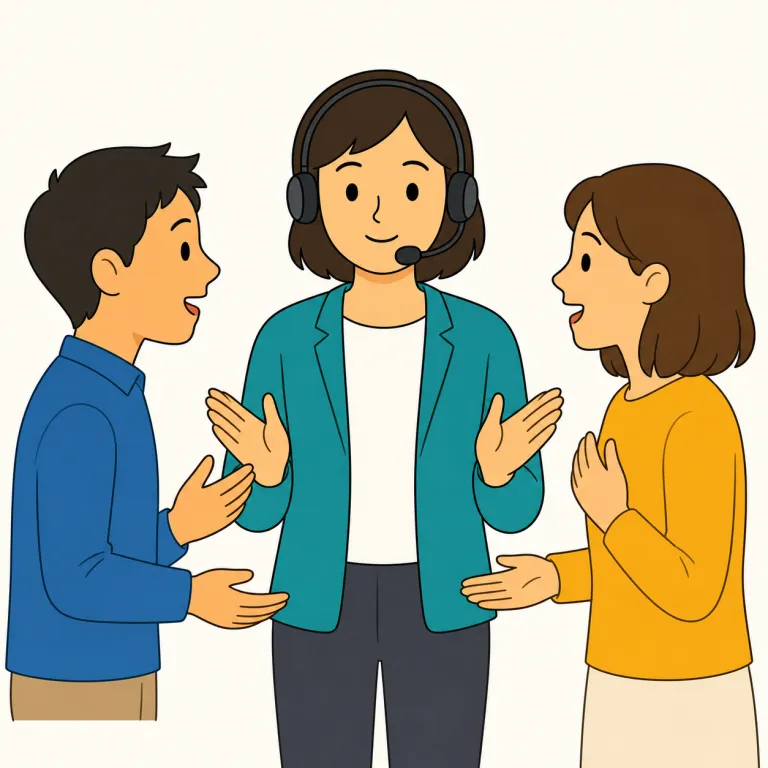 interpreter（通訳・名詞）の覚え方イラスト — interpreter は、異なる言語を話す人のあいだに立ち、その場の発言を別の言語で伝える「通訳」です