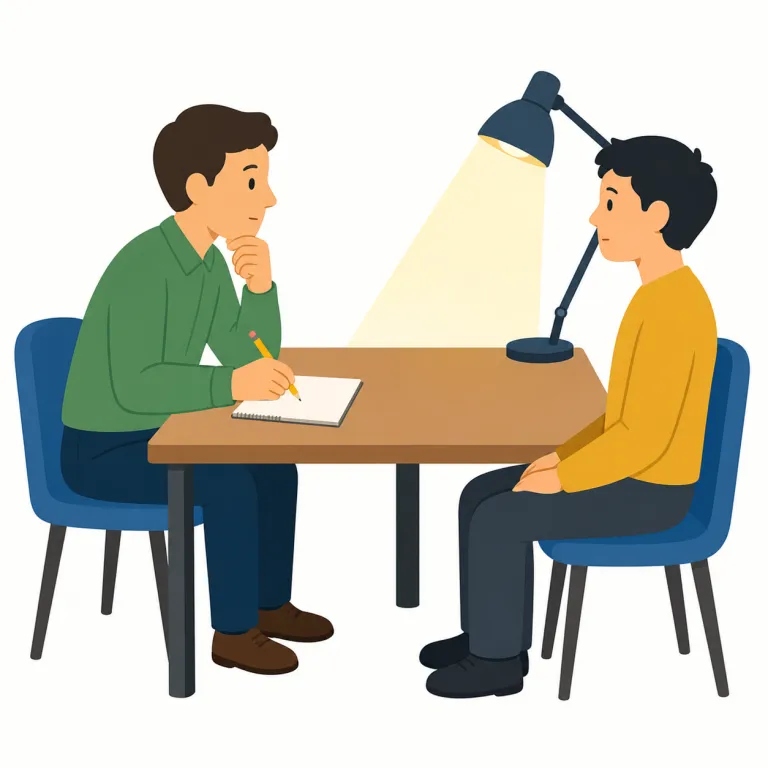 interrogate（尋問する・動詞）の覚え方イラスト — interrogate は question よりかなり強く、警察が suspect（容疑者）や witness（目撃者）を細部まで繰り返し問いただす場面で覚えると定着しやす…