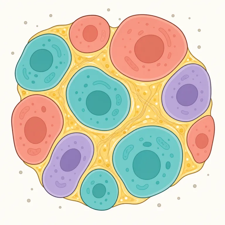 interstitial（間質の・形容詞）の覚え方イラスト — まず `inter-` を見たら「間の」という合図だと押さえる