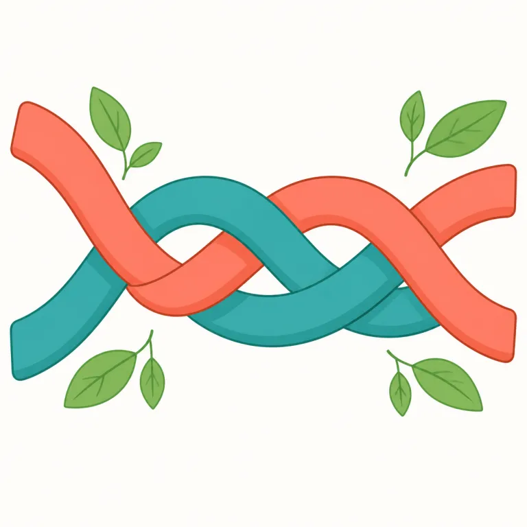 intertwine（絡み合う・動詞）の覚え方イラスト — この用法では、誰かが何かを「絡み合わせる」動作よりも、複数のものが自然に絡み合ったり、出来事・人生・物語が互いに深く関係し合う状態に注目します
