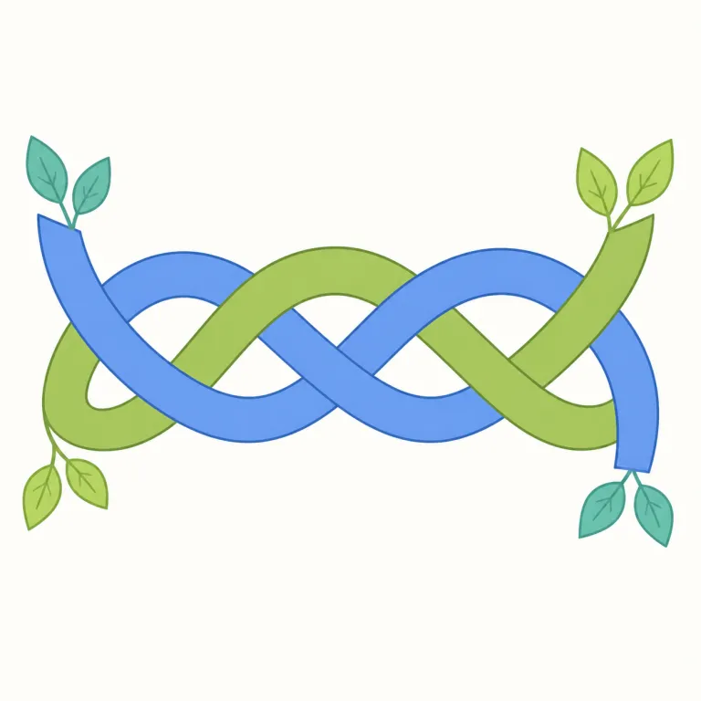 intertwining（絡み合い・名詞）の覚え方イラスト — inter- は「相互に」、twine は「ひもをより合わせる」と押さえると、単なる mix ではなく、2本以上が線状にからみ合って一体化する感じがつかめます