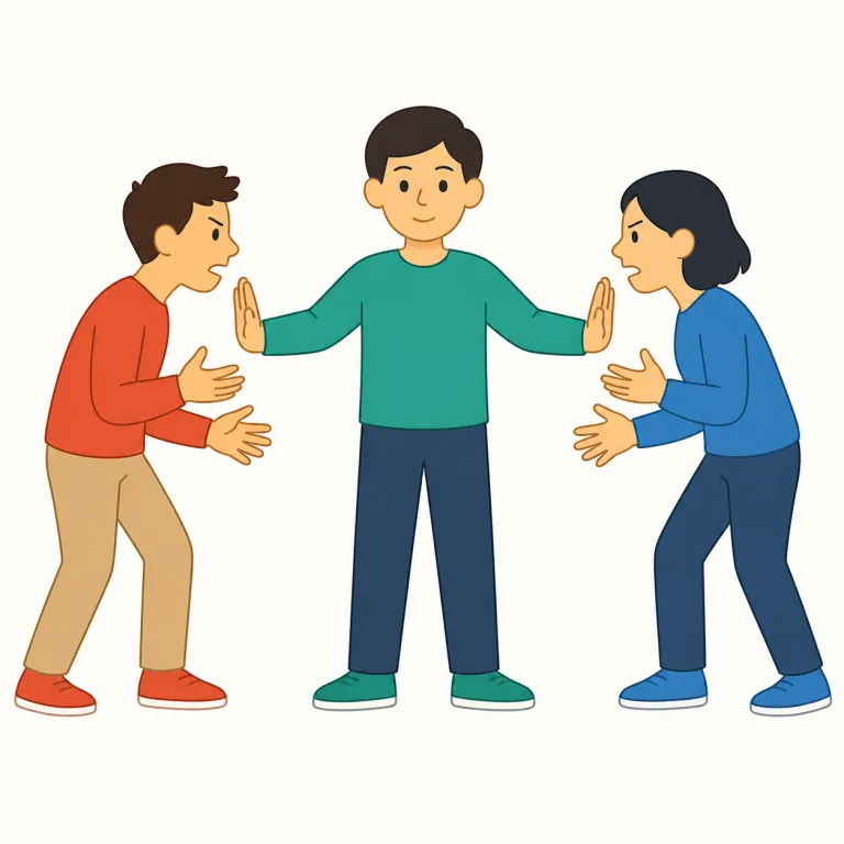 intervene（介入する・動詞）の覚え方イラスト — inter- は interview や international と同じく「人や立場のあいだ」を意識すると覚えやすい語