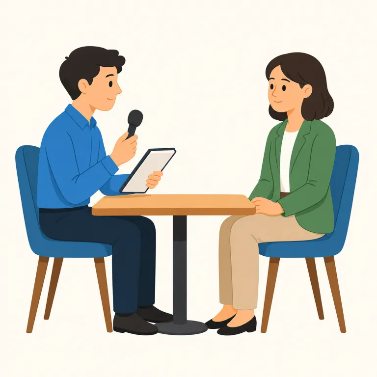 interview（面接、取材・名詞）の覚え方イラスト — まず名詞の interview「インタビュー」を知っていれば、そのまま動詞でも使えると覚えると早いです