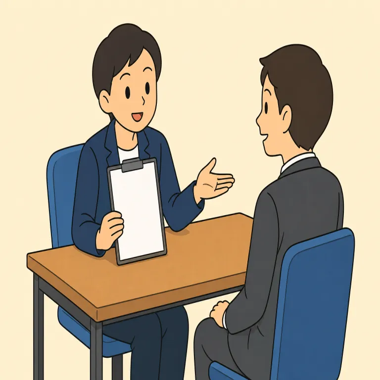 interview（面接する・verb）の覚え方イラスト