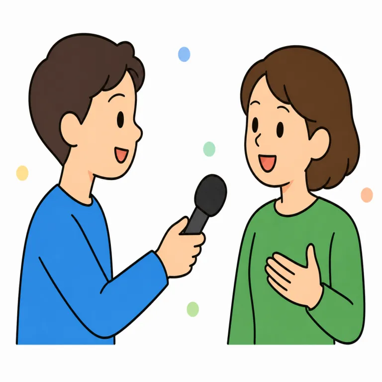 interview（インタビューする・verb）の覚え方イラスト