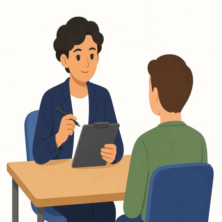 interviewer（インタビュアー・名詞）の覚え方イラスト — このエントリの interviewer は、就職面接の「面接官」という基本義とは別に、取材や番組で相手から話を聞き出す「インタビュアー」として覚えます
