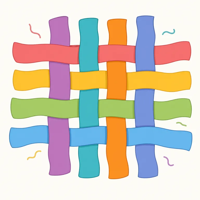 interweave（織り交ぜる・動詞）の覚え方イラスト — まず we weave cloth