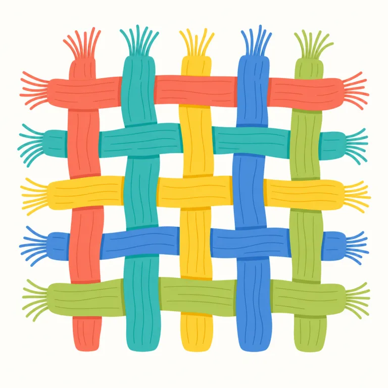 interwoven（絡み合った・形容詞）の覚え方イラスト — interwovenはinter-「互いに・間に」とwoven「織られた」に分けると覚えやすい語です