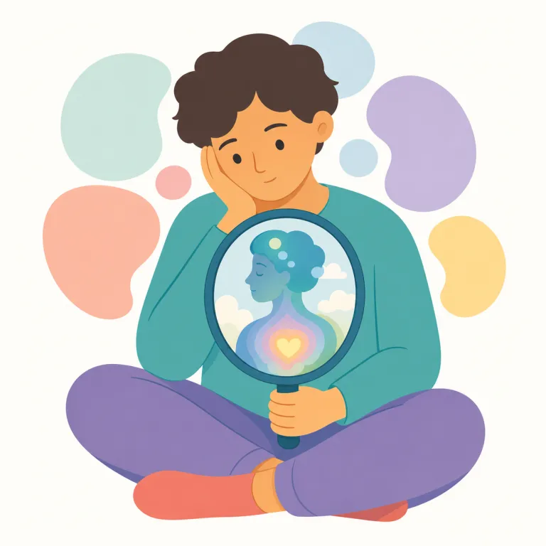 introspective（内省的な・形容詞）の覚え方イラスト — introvert（内向的な）や inspect（注意して見る）を知っていると覚えやすい語です