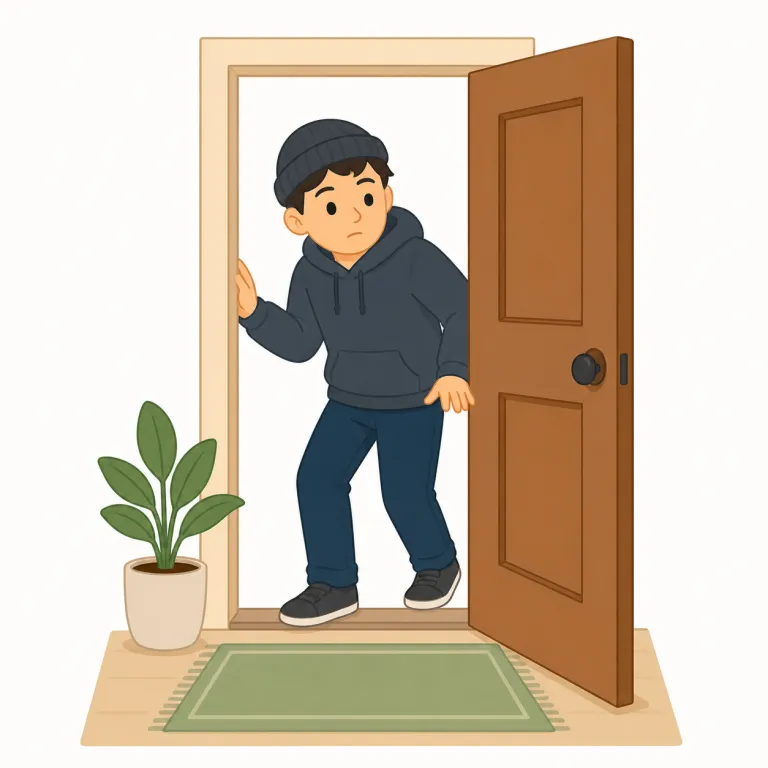 intruder（侵入者・名詞）の覚え方イラスト — intruder は intrude（侵入する）+ -er（〜する人）で覚えると定着しやすいです