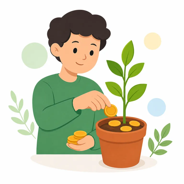 invest（投資する・動詞）の覚え方イラスト — invest は「今お金を入れて、将来の利益や価値上昇を期待する」と覚えます