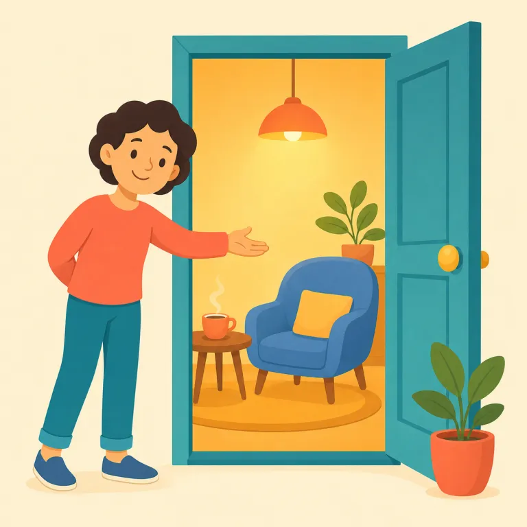 invitingly（誘うように・副詞）の覚え方イラスト — invite「招く」から、言葉を使わなくても「こちらへどうぞ」と感じさせる様子を表すと覚えましょう