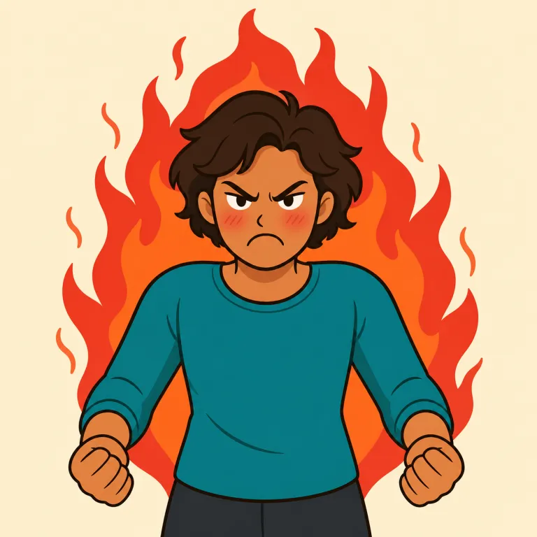 ire（怒り・名詞）の覚え方イラスト — 日常的な anger より硬く、新聞や文章で使われやすい「強い怒り」と押さえる