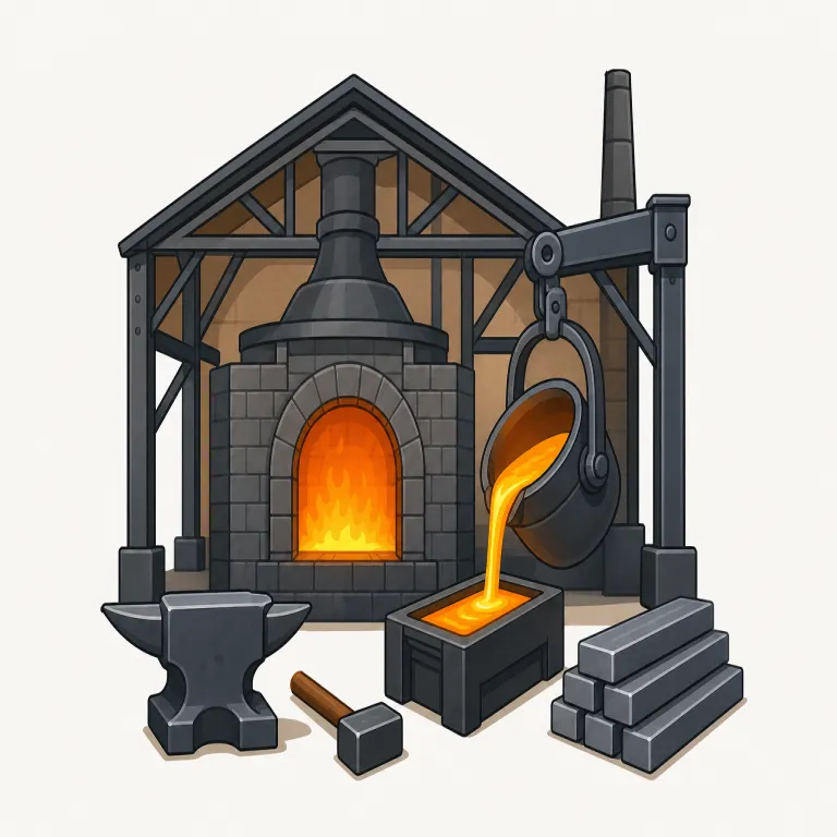 ironworks（製鉄所・名詞）の覚え方イラスト — ironworks は iron「鉄」+ works「工場・事業施設」と考えると覚えやすい語です