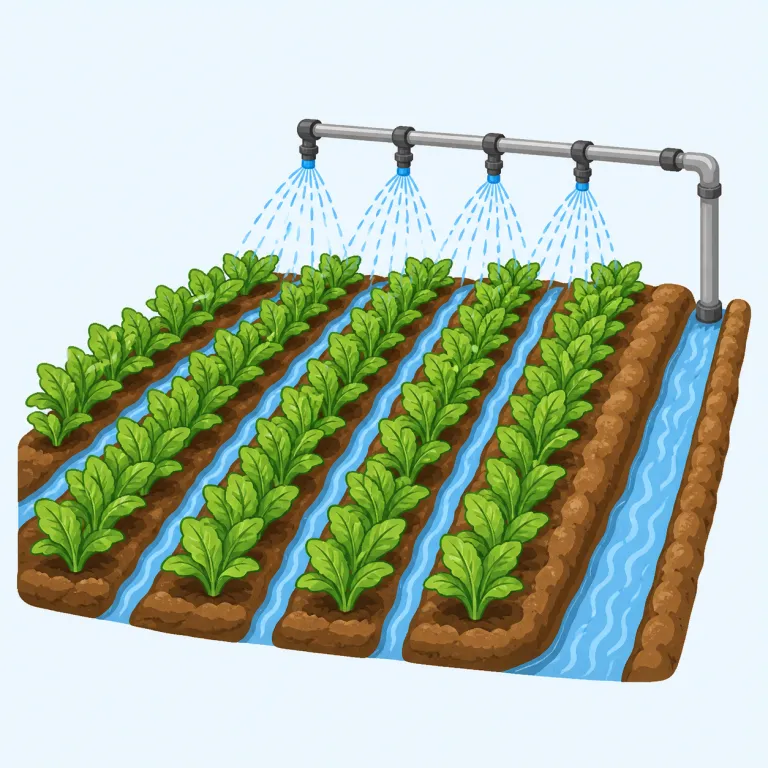 irrigate（灌漑する・動詞）の覚え方イラスト — irrigate の「灌漑する」は、乾いた土地や作物へ水を計画的に送り込む農業・地理の語です