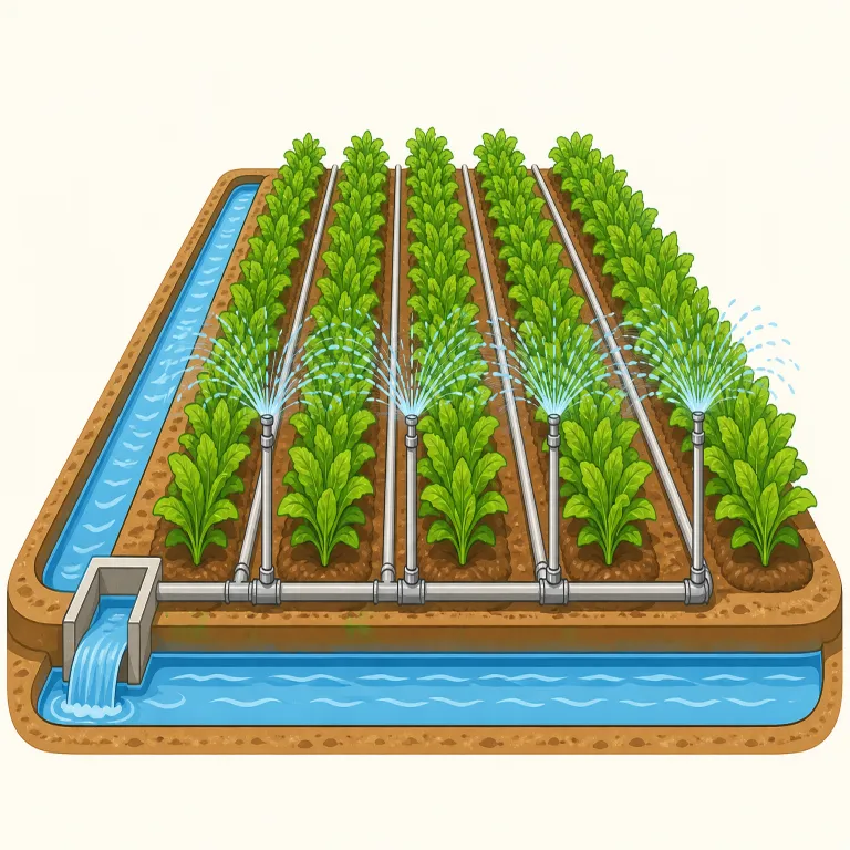 irrigation（灌漑・名詞）の覚え方イラスト — この irrigation は、単なる庭の水やりではなく、農地や作物に水を計画的に供給する「灌漑」として覚えます