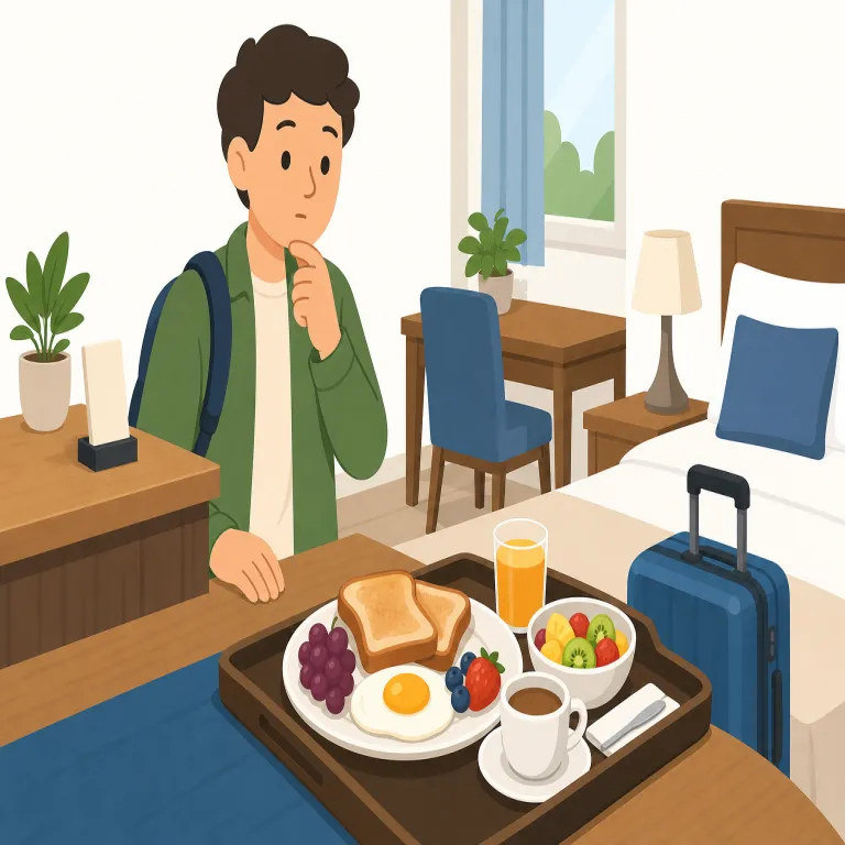 is breakfast included（朝食は含まれていますか・イディオム）の覚え方イラスト — is は「〜ですか」、breakfast は「朝食」、included は include「含む」の過去分詞です
