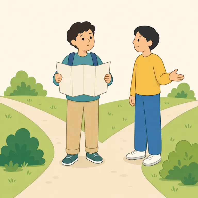 is this the right way（この道で合っていますか。・イディオム）の覚え方イラスト — Is this the right way? では right は「右」ではなく「正しい」、way は「方法」ではなく実際に進む「道…