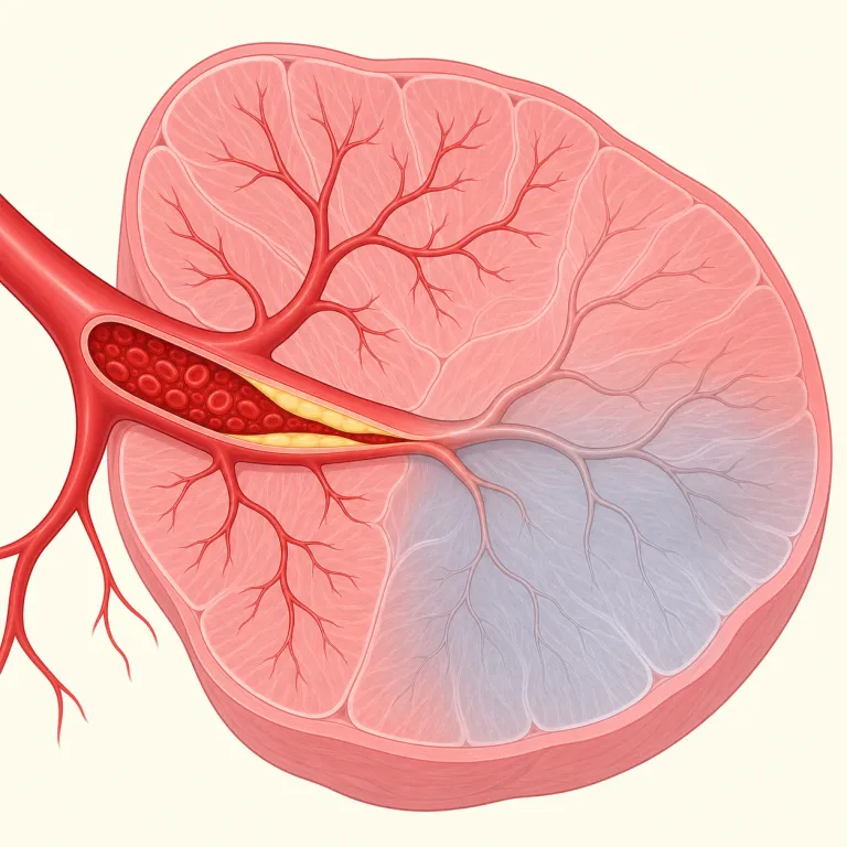 ischemia（虚血・名詞）の覚え方イラスト — 末尾の -emia は anemia, leukemia などにもある「血液・血の状態」を表す医学語尾