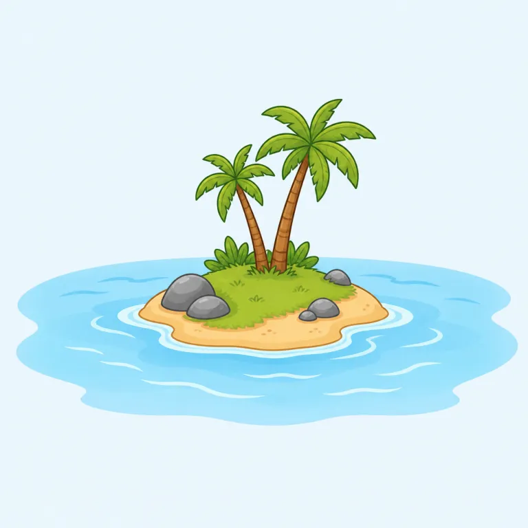 islet（小島、膵島・名詞）の覚え方イラスト — まず isle / island を思い出し、islet は『島そのもの』ではなく『小さな島』と縮小して捉えると残りやすいです